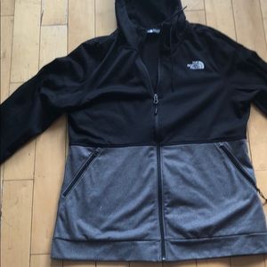 Black and grey north face hooded sweatshirt